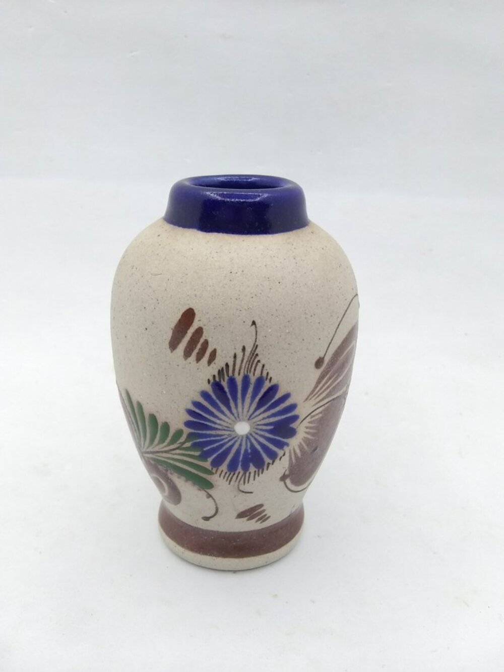 Vtg.Tonala Mexico Pottery Folk Art Flowers Blue Brown Sandstone Vase almost 4"